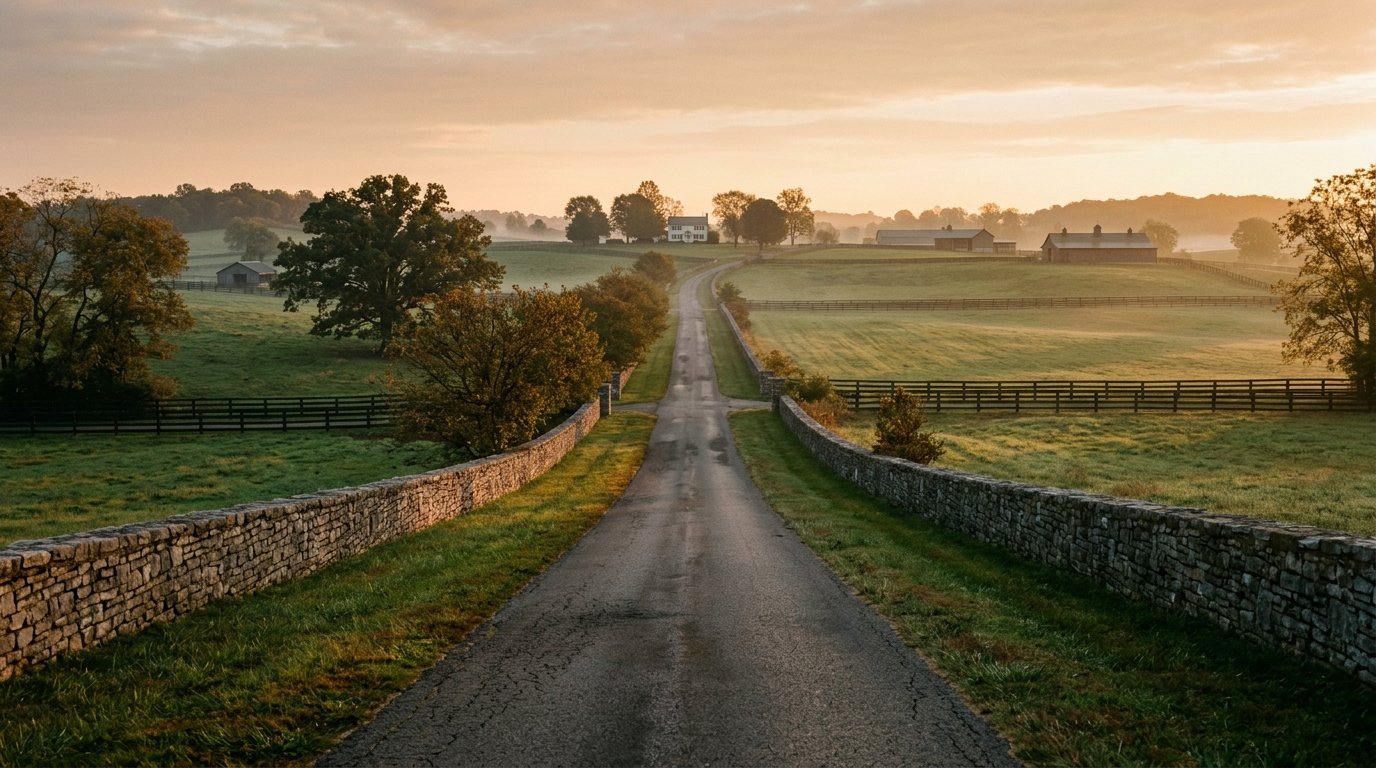 A Kentucky road at dawn through horse country