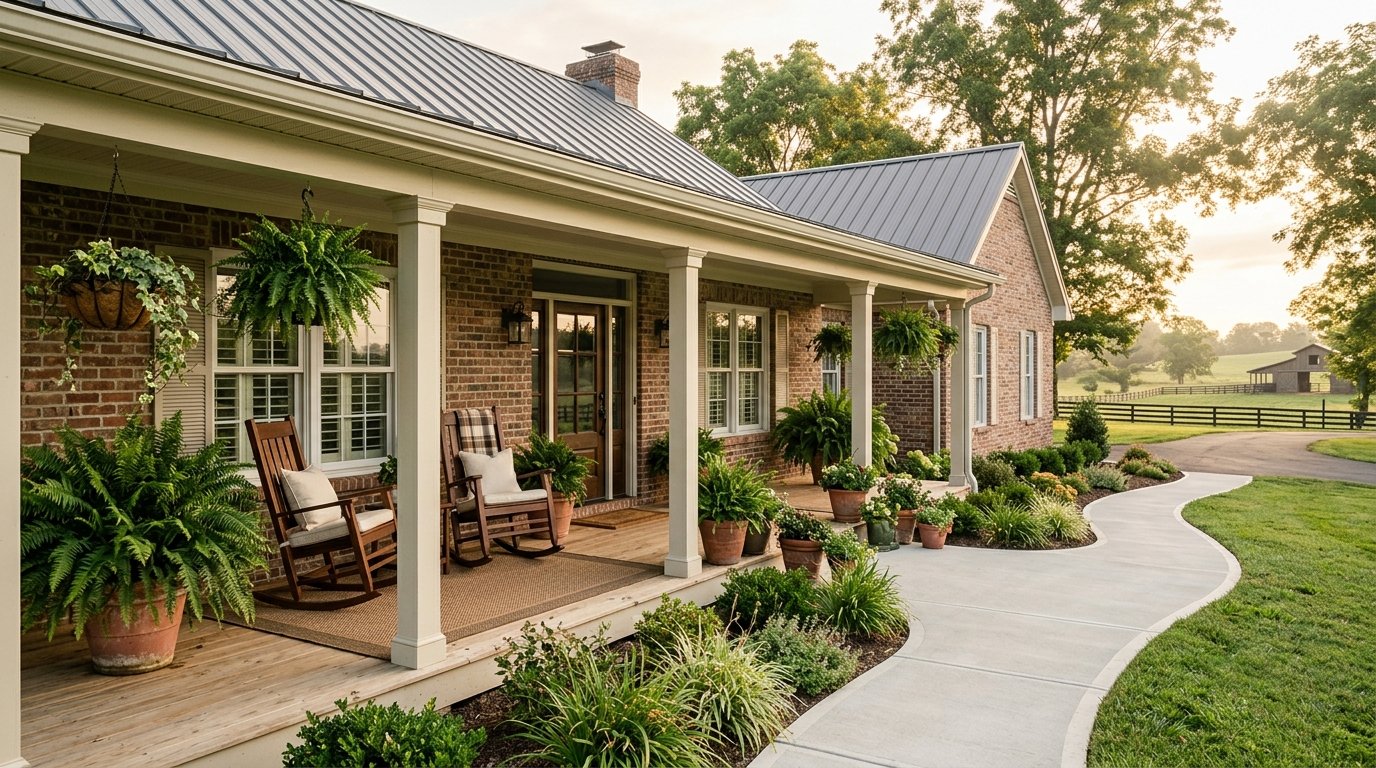 Zero-step covered porch entry on a single-story Kentucky brick home