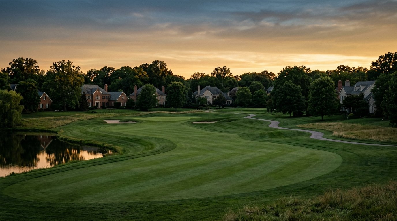 Golf fairway at dusk with traditional homes along the tree line in Andover, Lexington