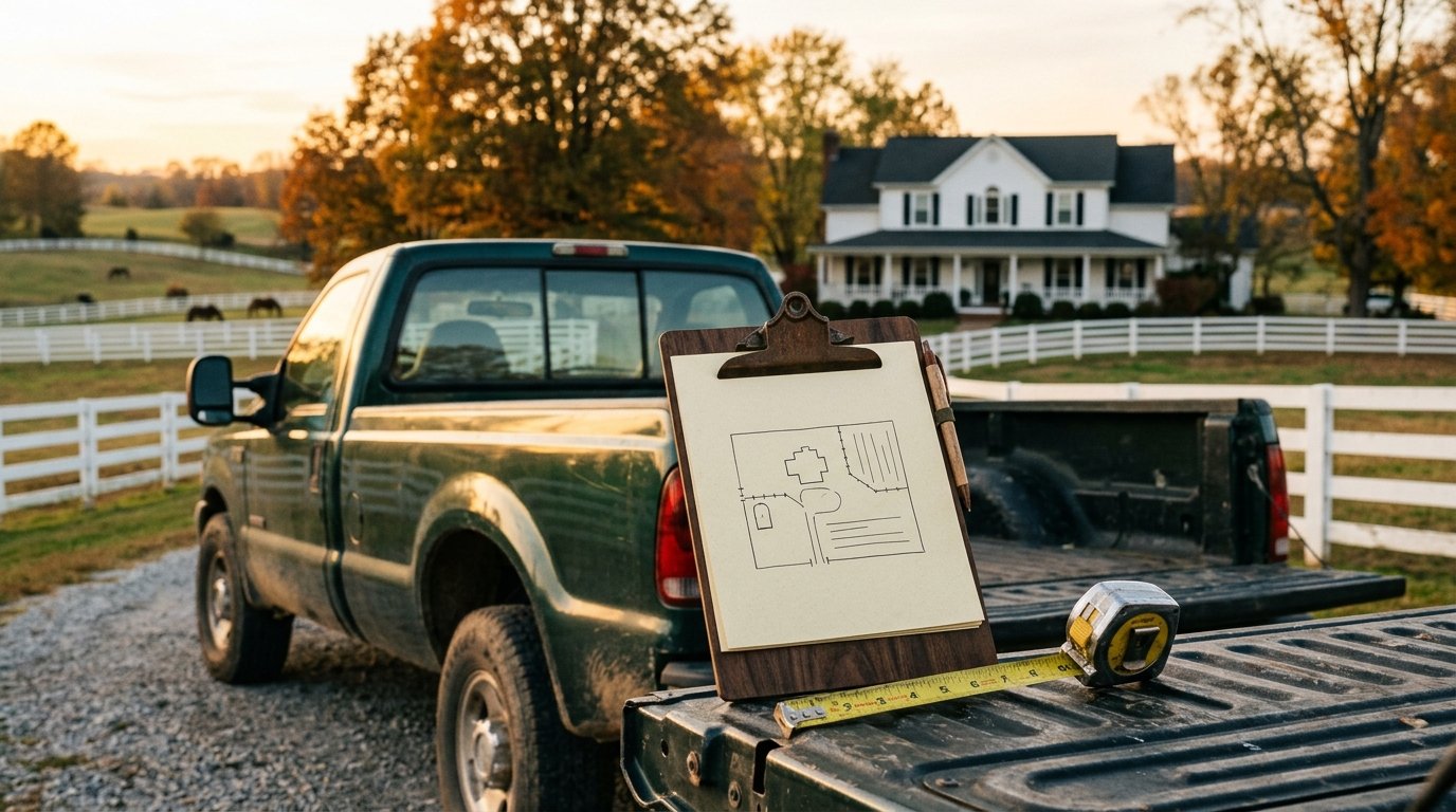 Clipboard and tape measure on a tailgate before a Kentucky farmhouse