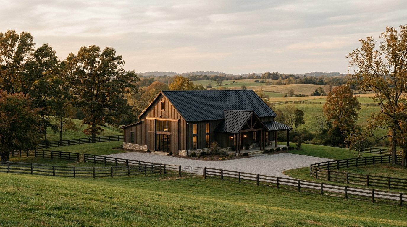 modern barndominium with black metal roof