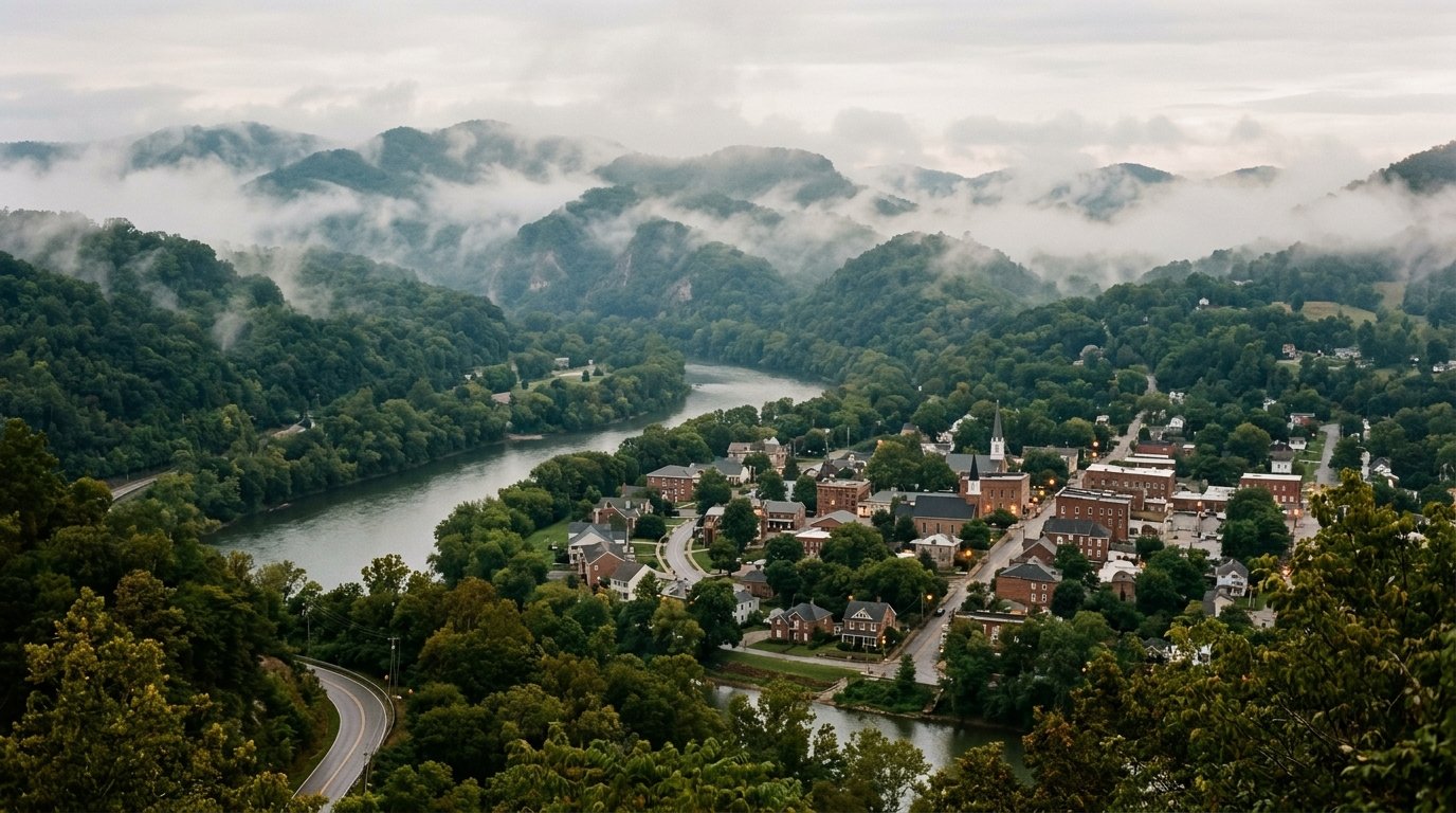 Small Kentucky river town among green mountains