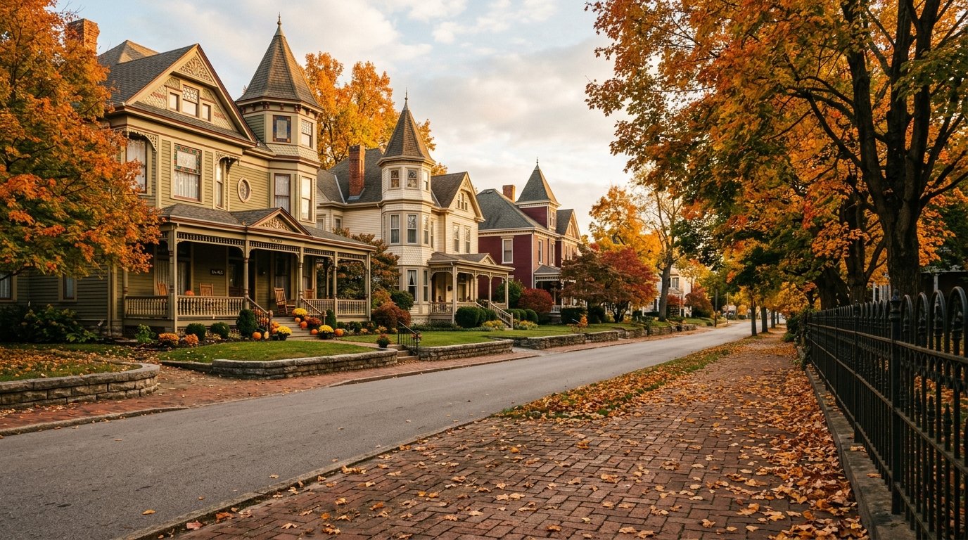 Victorian homes with turrets and wraparound porches on a brick-sidewalk street in Bell Court, Lexington