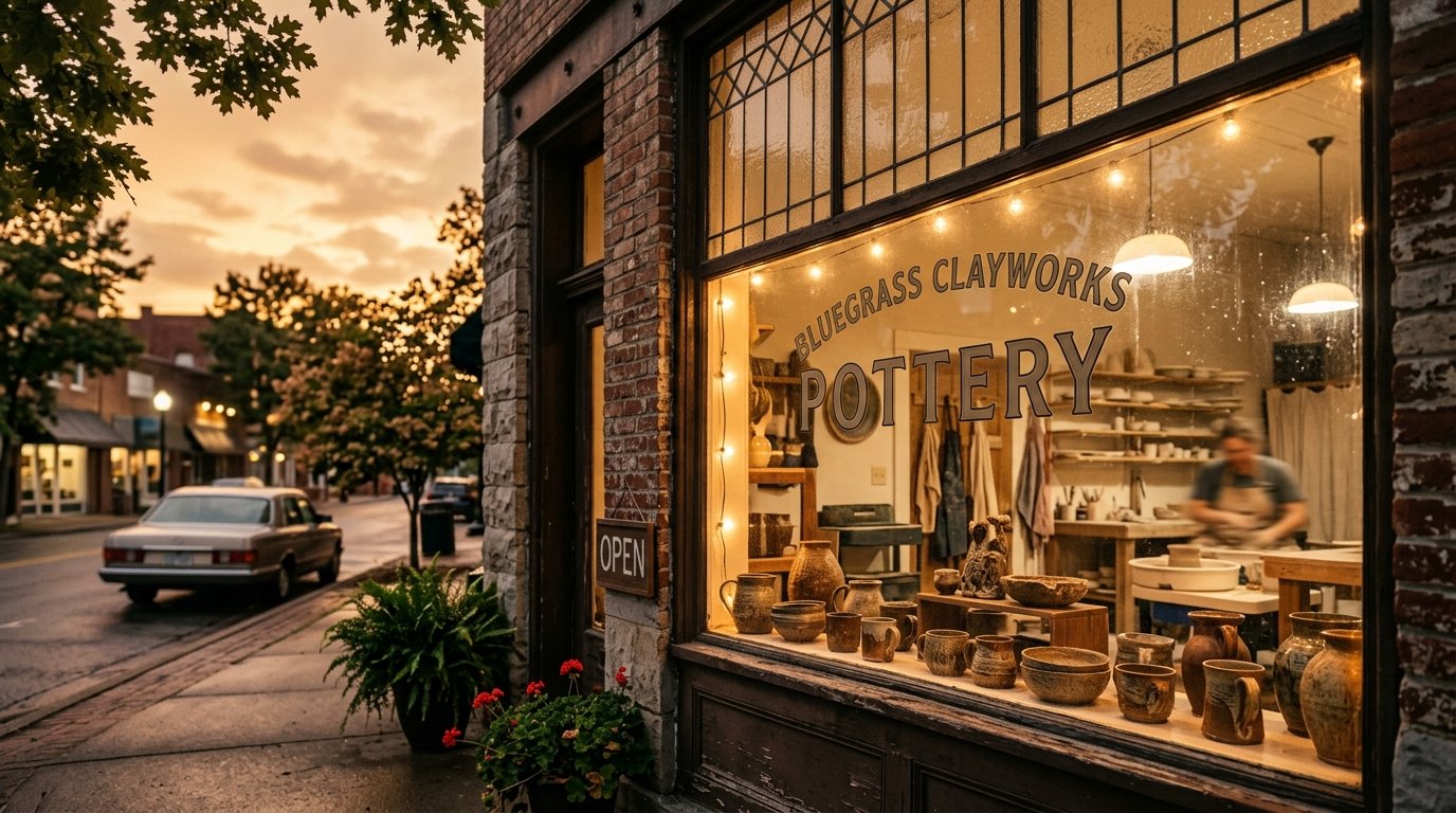 Artisan storefront in Berea Kentucky at dusk