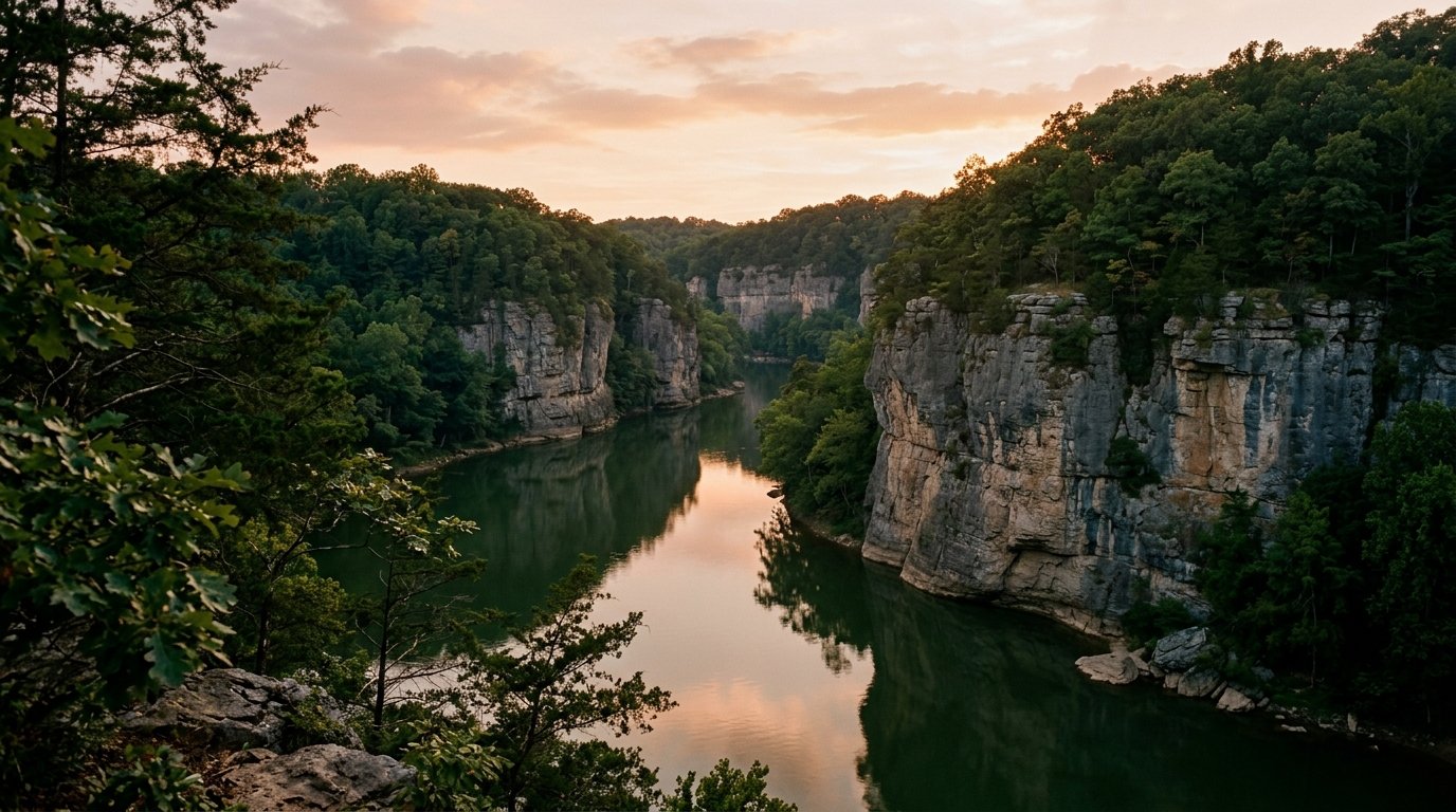 Limestone palisades above a calm bend of the Kentucky River near Boonesborough