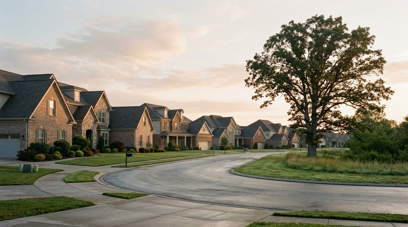 Sunrise over newer homes and a preserved oak in northeast Lexington