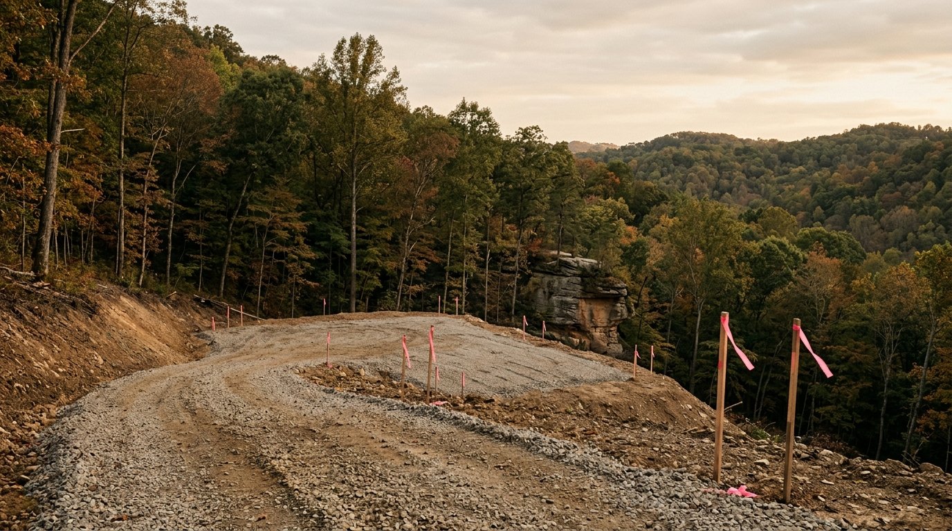 Staked and graded cabin building site on a wooded Kentucky hillside