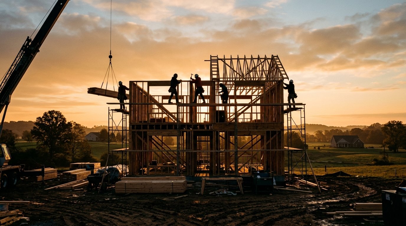 New-home framing at sunrise in Central Kentucky