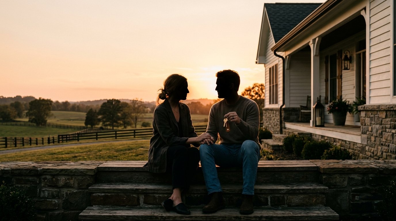 New owners on the porch at dusk