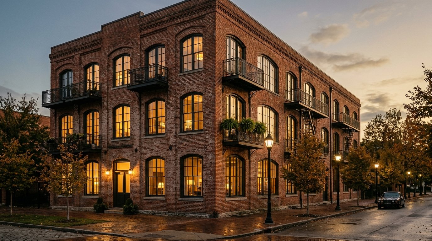 Brick warehouse-style condo building at dusk on a Lexington street