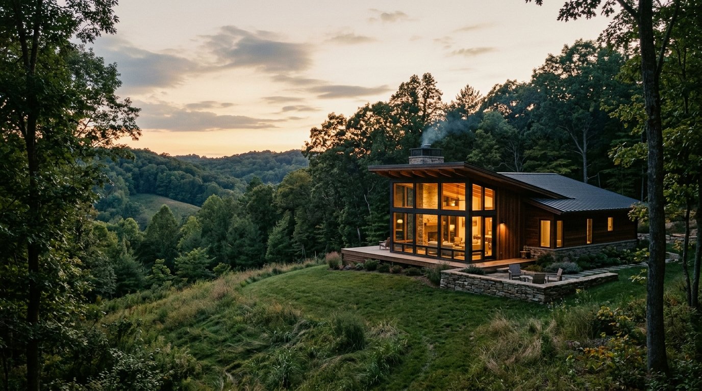 Modern timber cabin with big windows in forested Kentucky hills