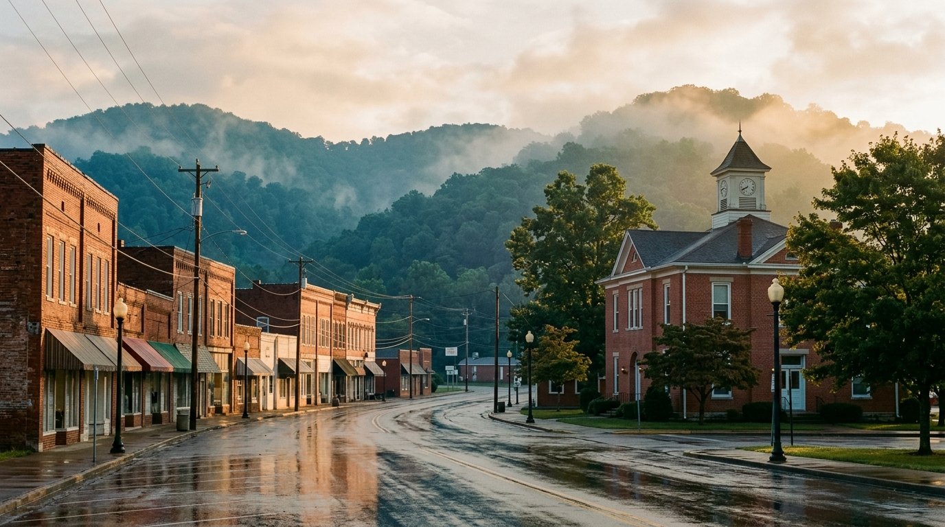 Small Kentucky county-seat main street with misty forested ridges behind