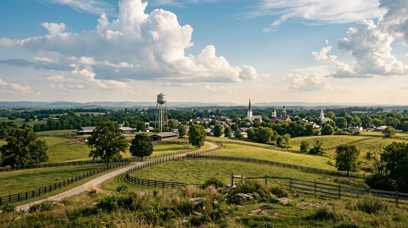 Wide view over bluegrass farmland toward a small Kentucky town