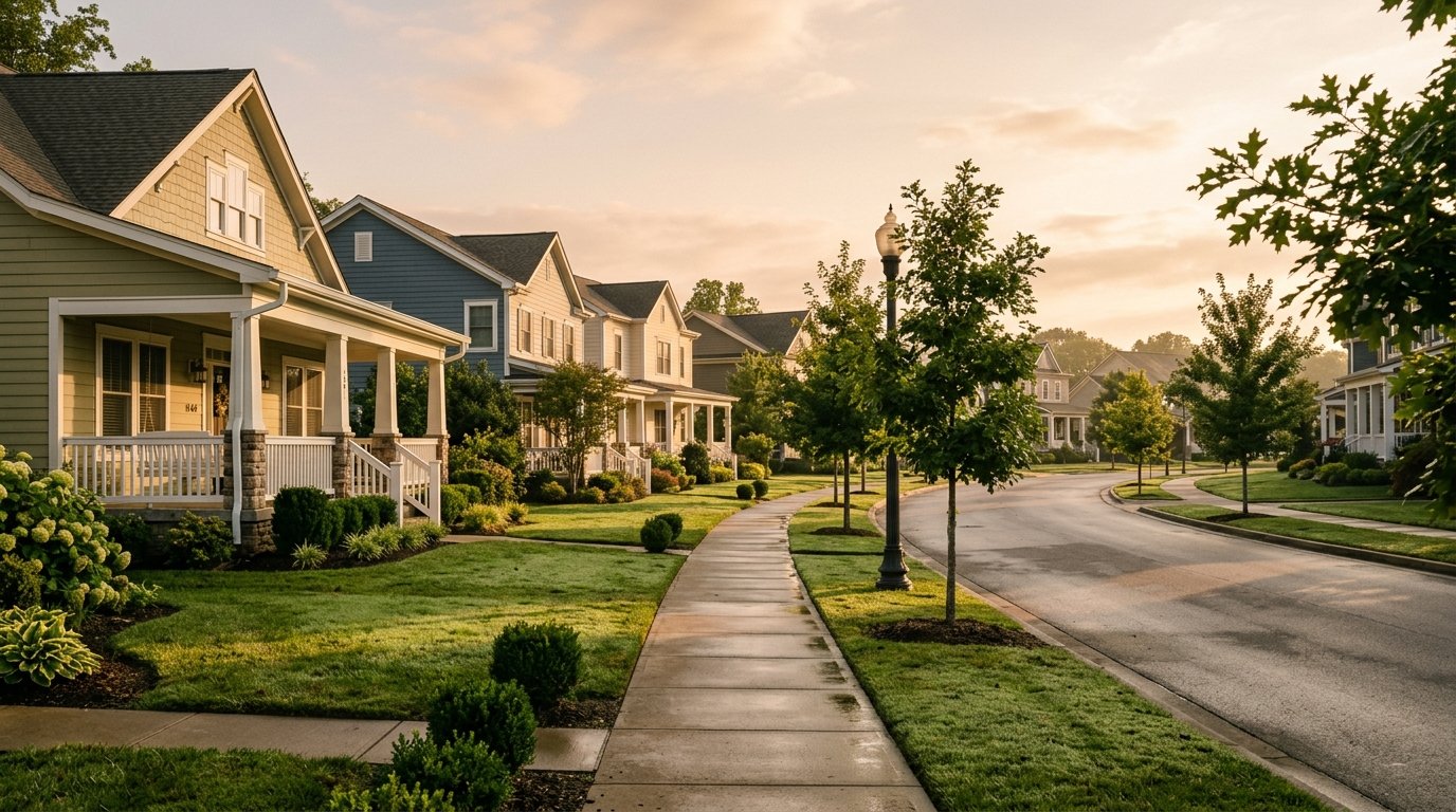 Sidewalk-lined street of porch-front homes in east Lexington at morning