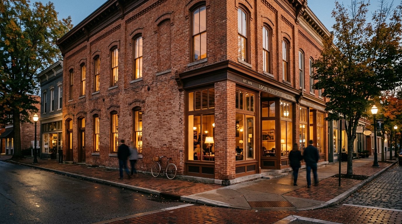 Brick commercial corner in Richmond Kentucky at dusk