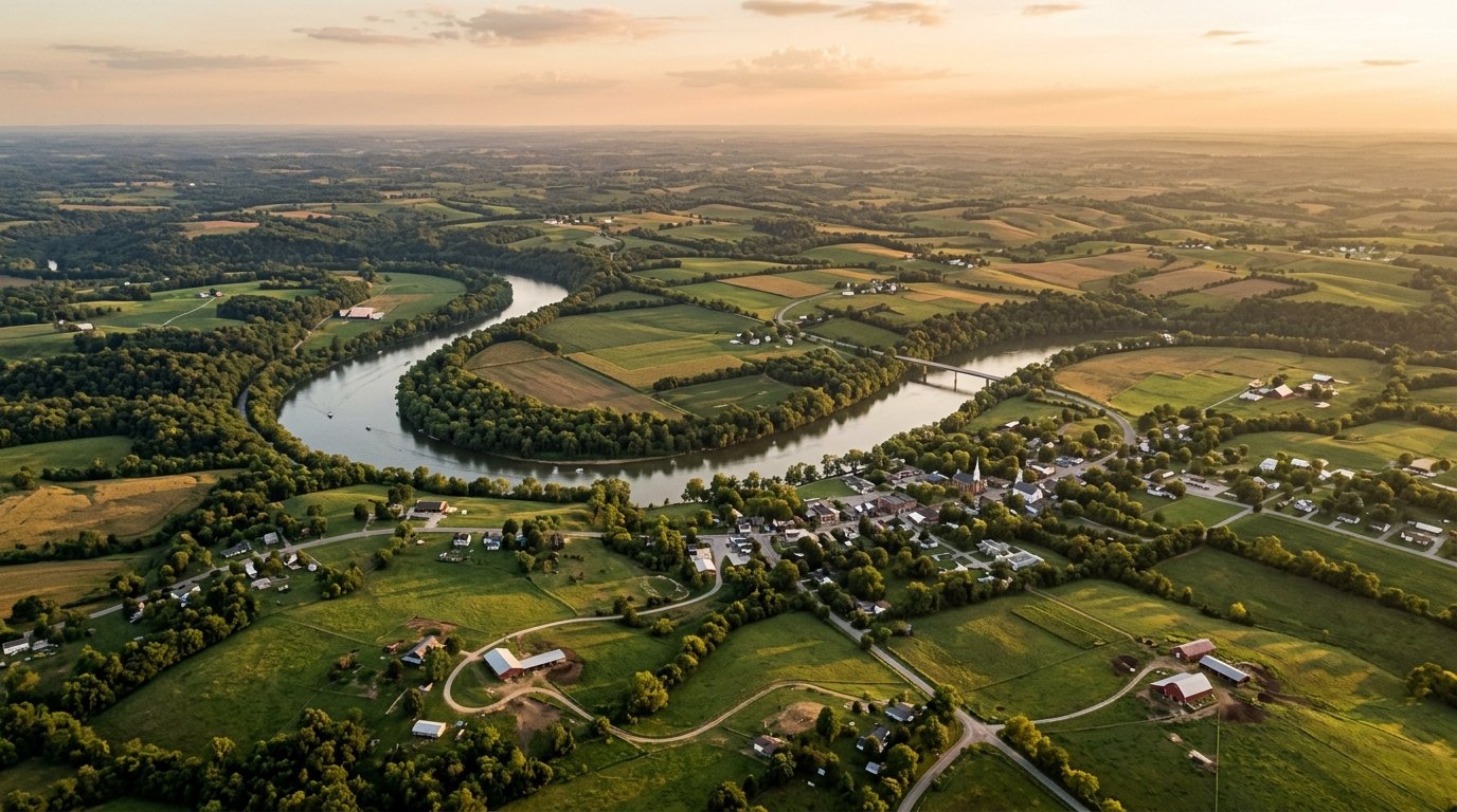 Aerial patchwork of Central Kentucky towns and farms