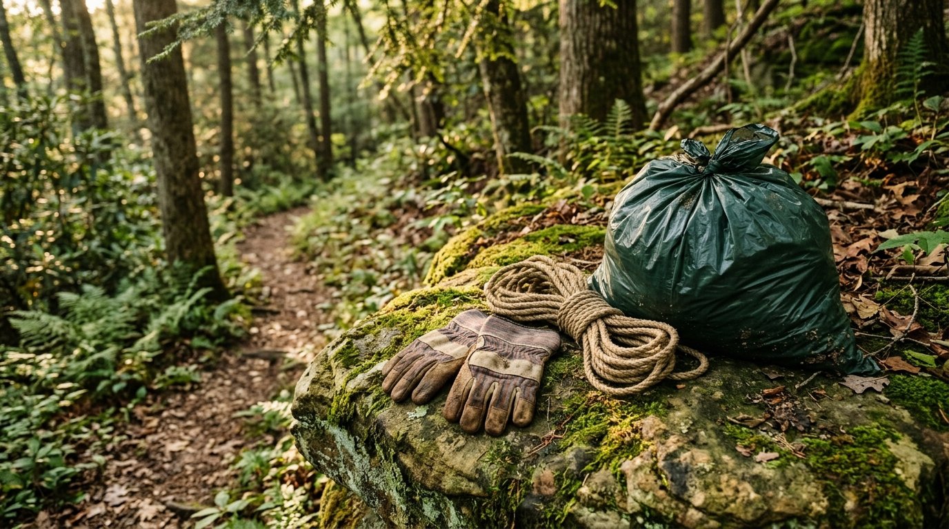 Work gloves and cleanup gear on a boulder beside a Kentucky forest trail