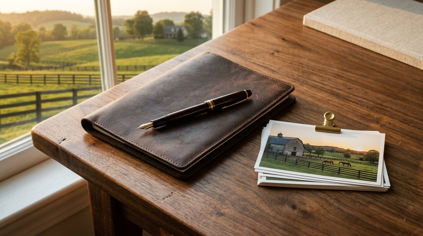 Curated property folio on a walnut desk