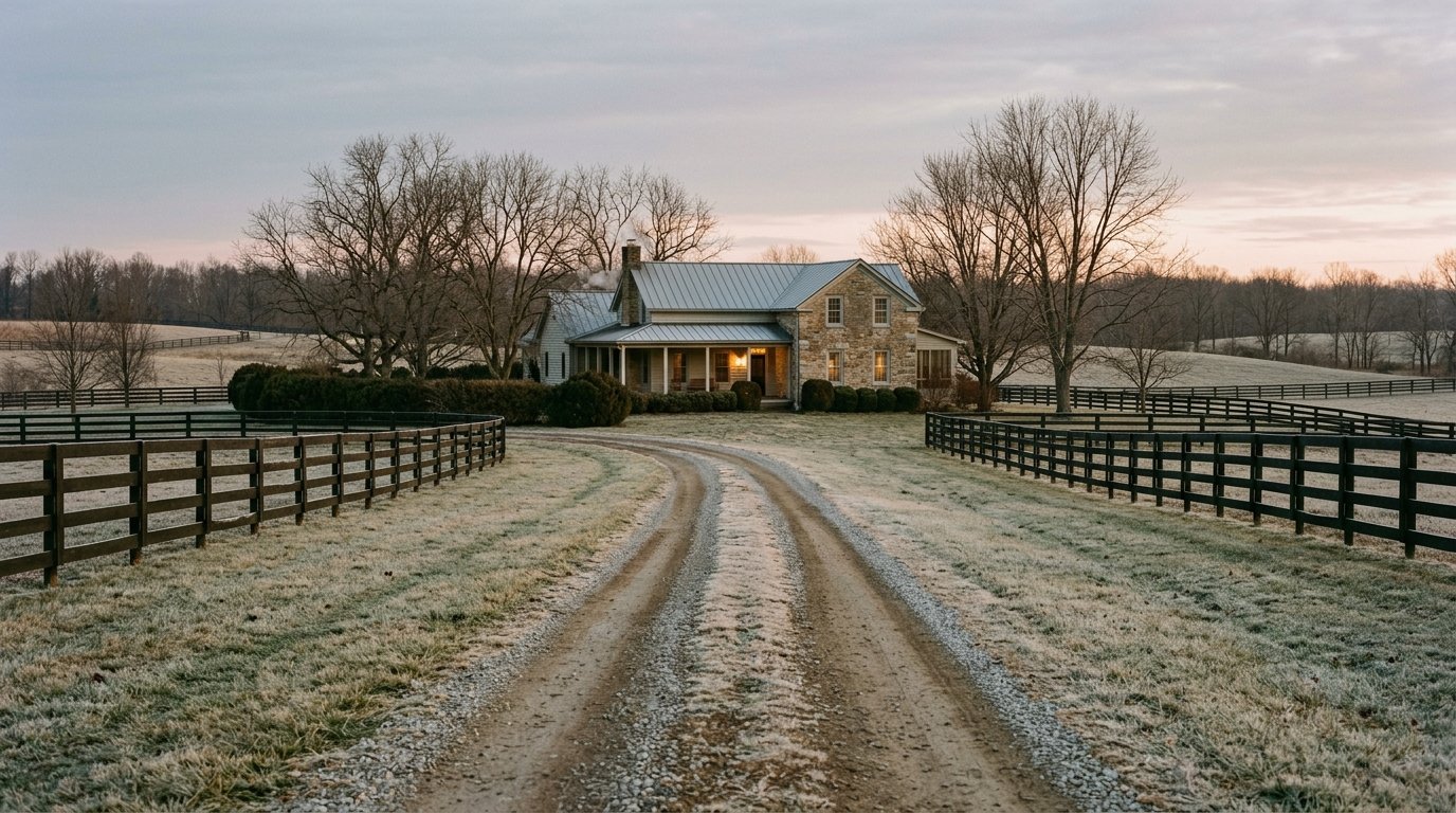 Kentucky house at frosty first light with two sets of tire tracks