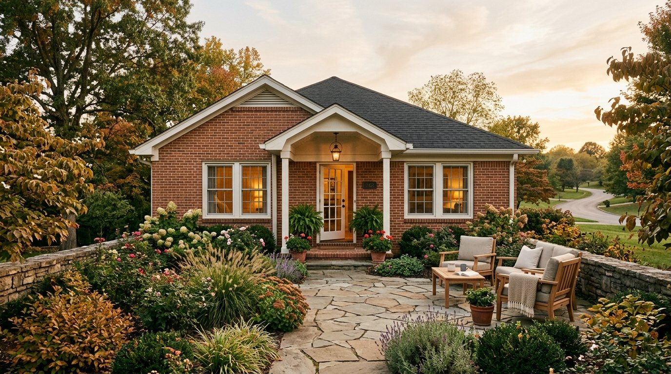One-level Kentucky patio home in evening light