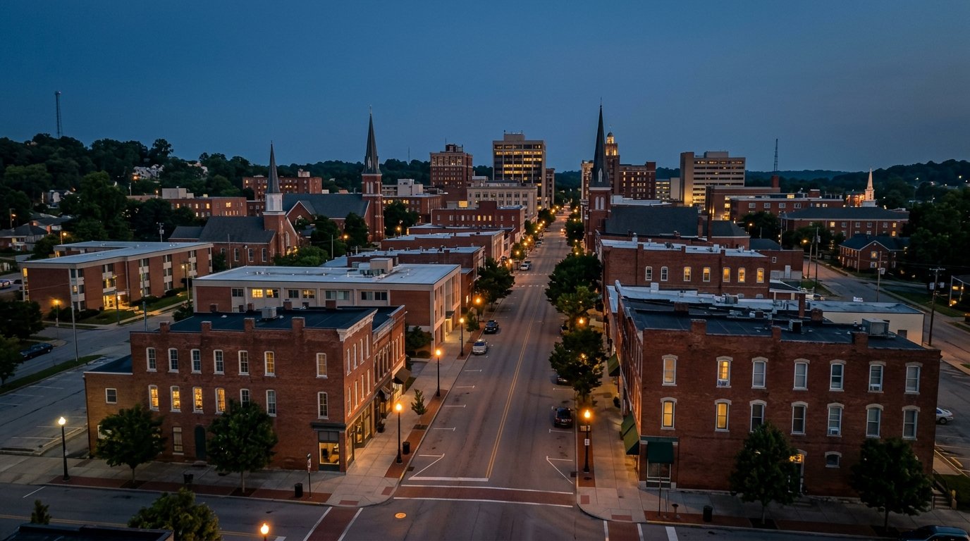 Downtown Lexington skyline and historic main-street buildings at blue hour