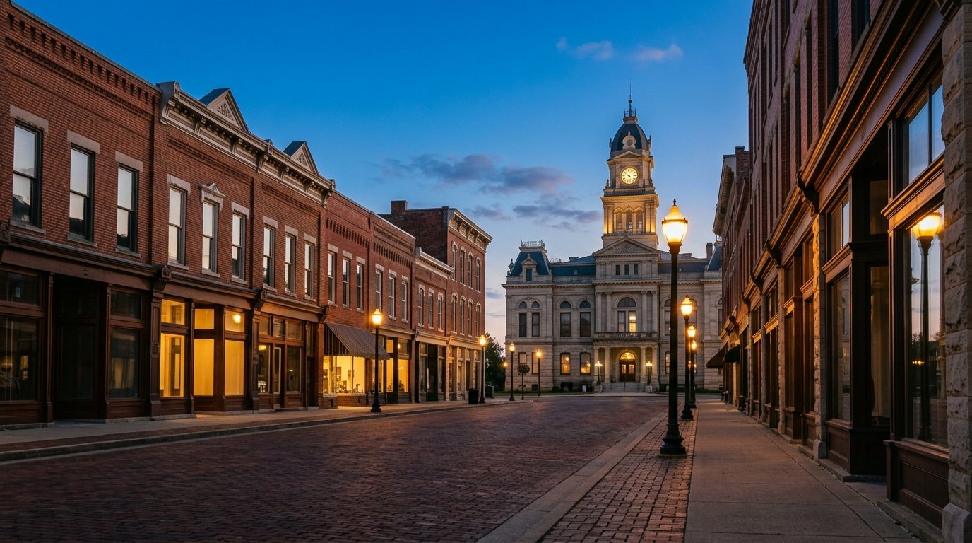 Historic Richmond Kentucky courthouse square at dusk with lit storefronts