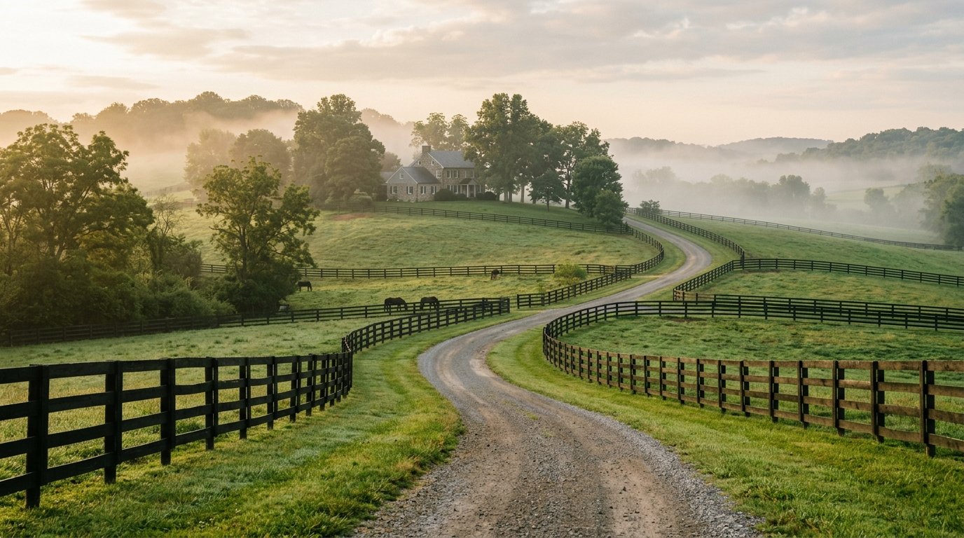 Country lane leading toward a distant Kentucky farmhouse