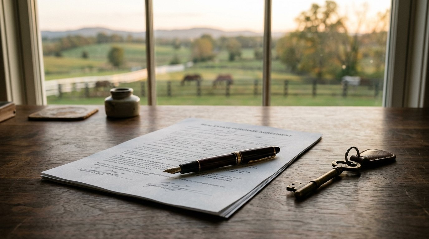 Pen, contract, and house key on a desk with Kentucky pasture beyond the window