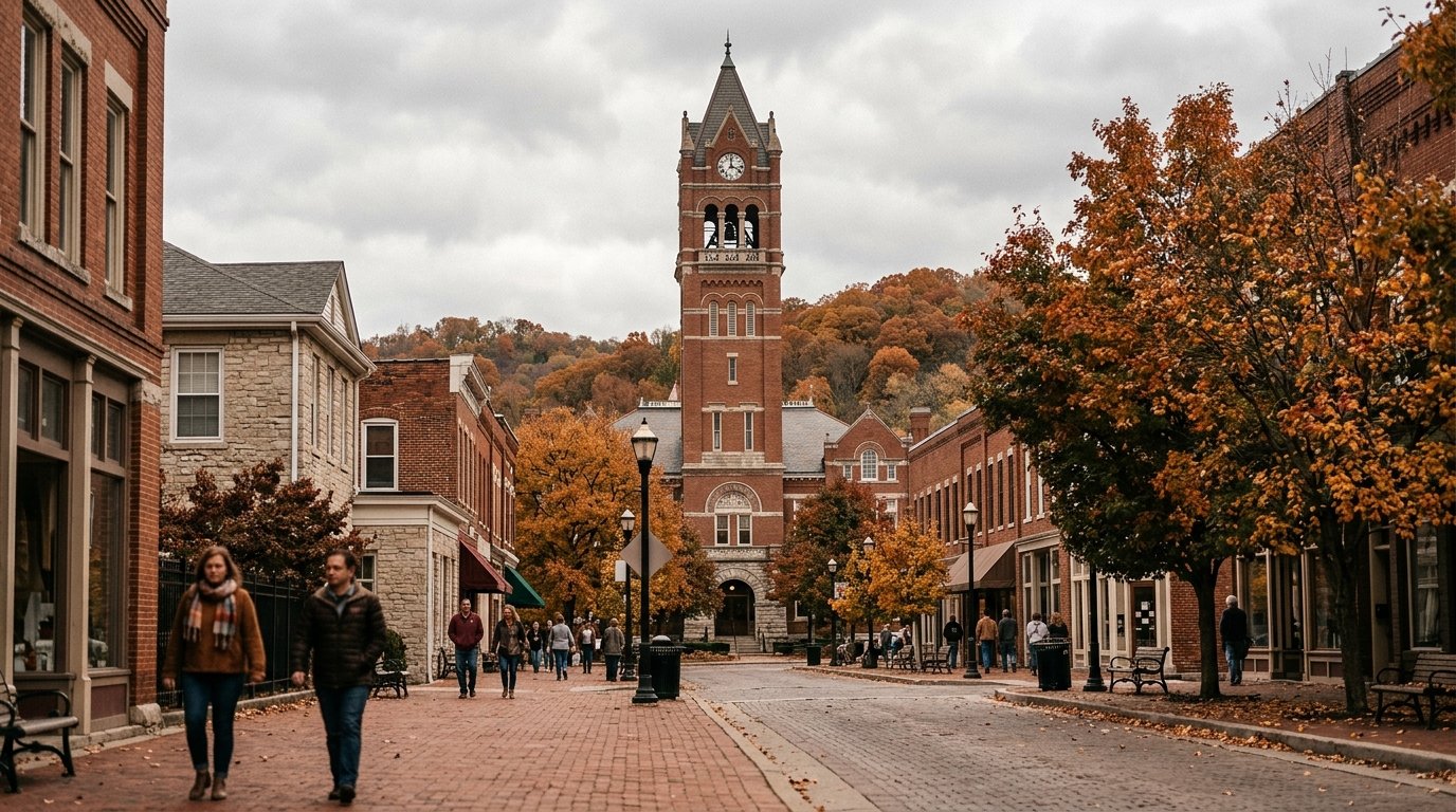 Brick campus tower above a walkable Richmond street