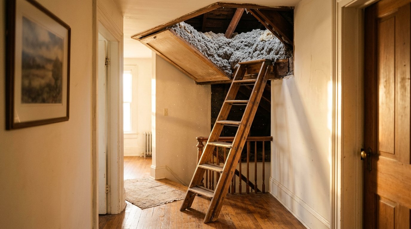Open attic hatch revealing deep insulation in a Kentucky home