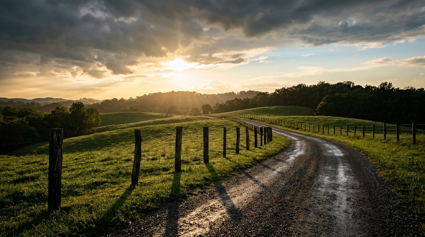 Morning light after a storm over a Central Kentucky ridgeline road