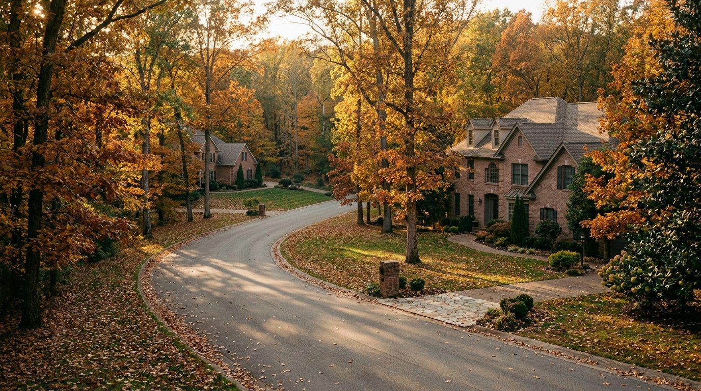 Winding wooded street with substantial traditional homes on large lots in Firebrook, Lexington