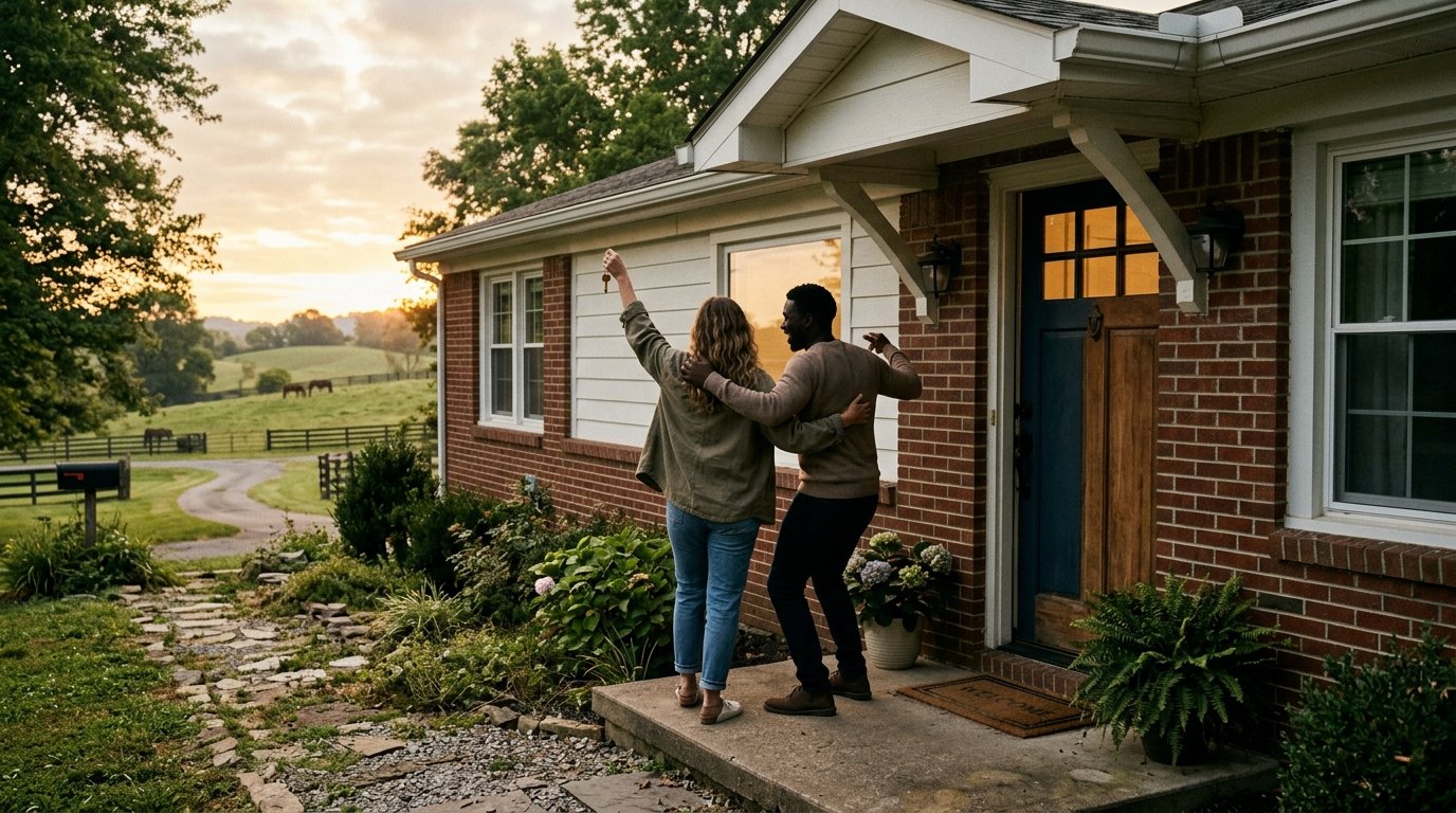 Excited couple silhouettes at the door of a modest Kentucky starter home
