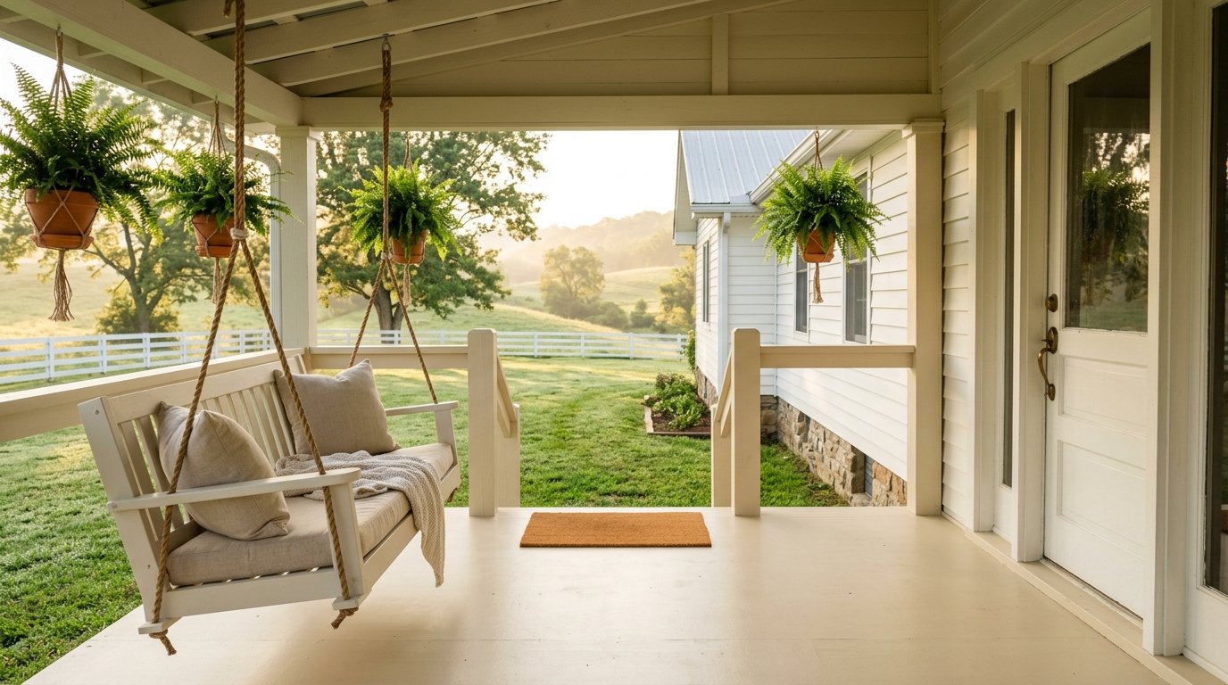 Freshly kept Kentucky farmhouse porch in morning light