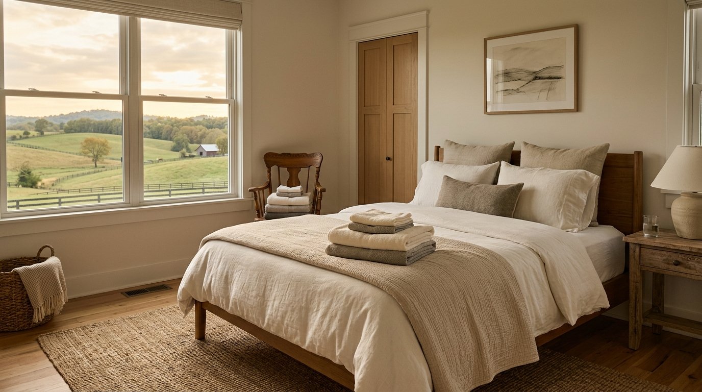 Sunlit furnished apartment interior with rolling Kentucky hills through the window