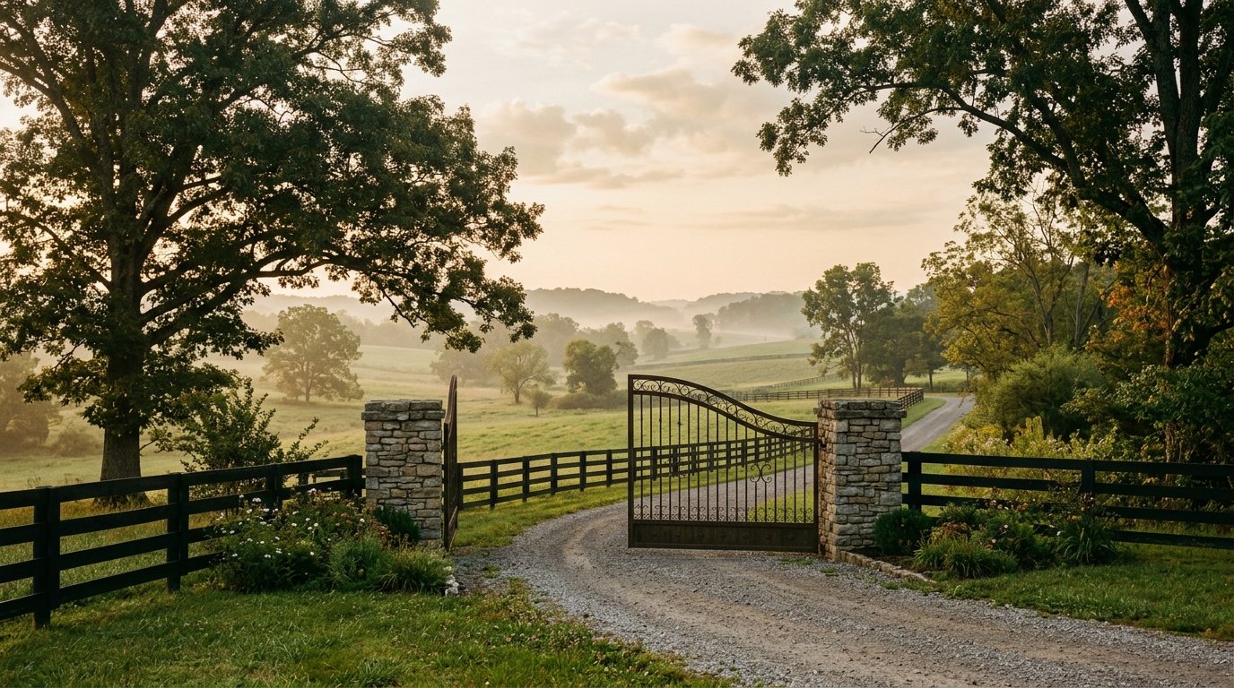 Stone and iron entrance gate on a tree-lined Central Kentucky lane