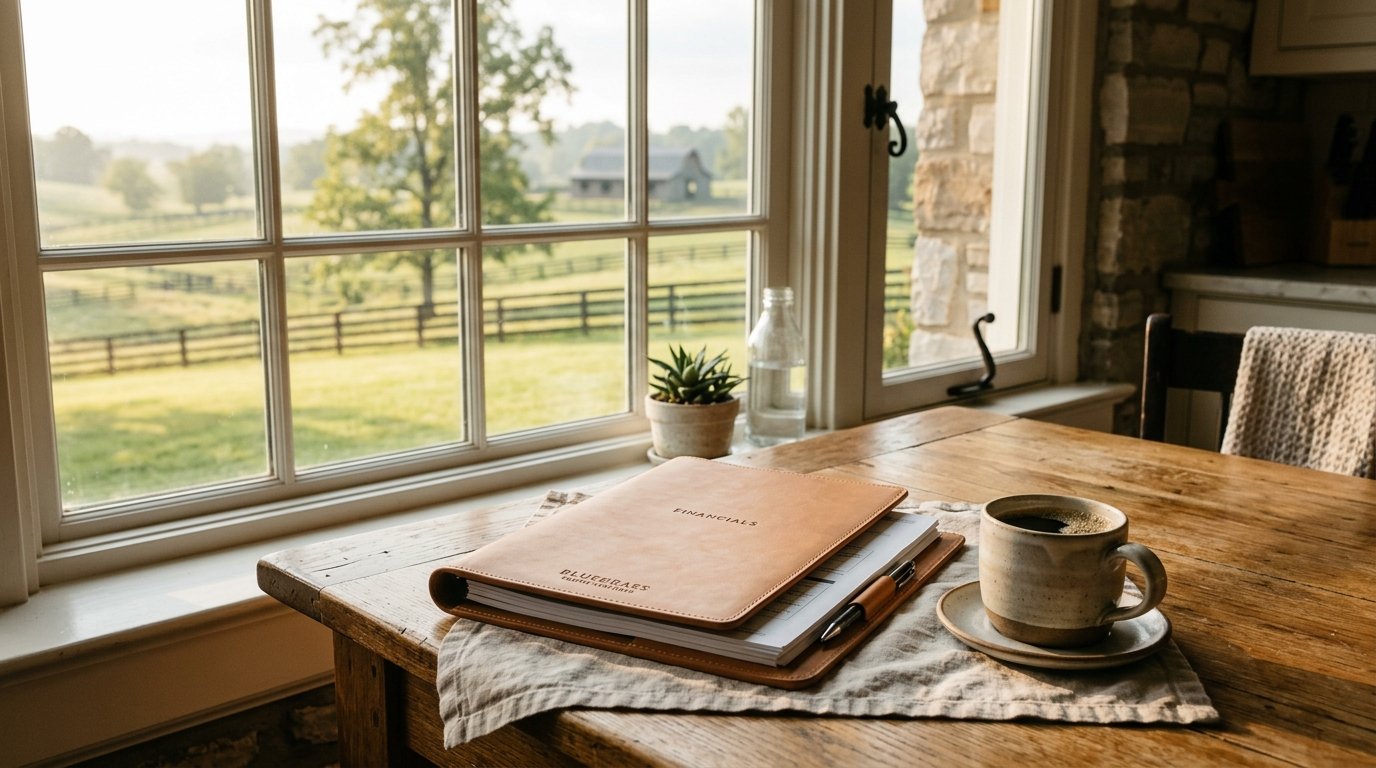 Neat folder of financial documents with coffee