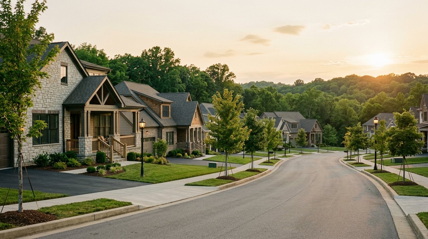 Newer craftsman-style homes with young street trees on Lexington’s east side