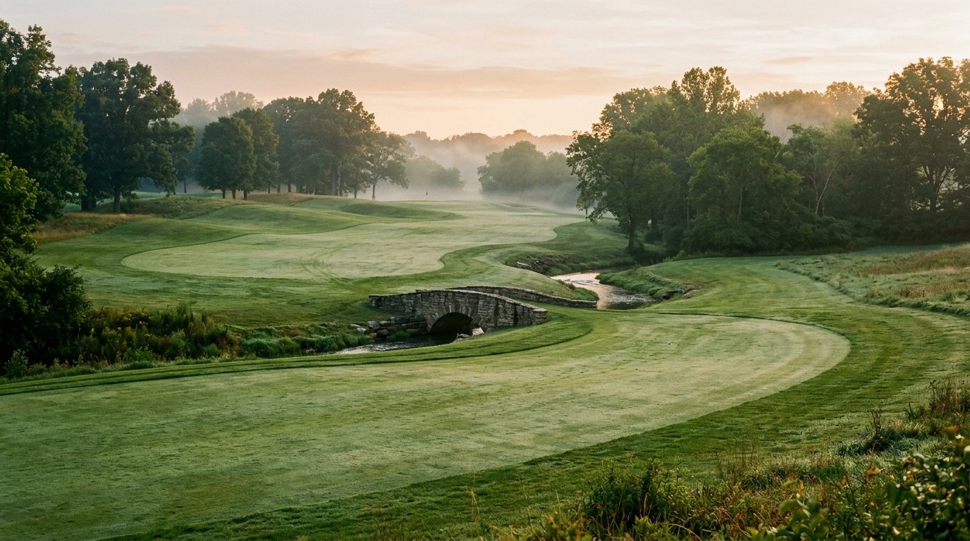 Fairway curving through misty Kentucky parkland at dawn