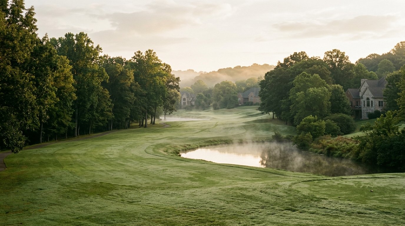 Morning mist over a tree-lined fairway at Greenbrier with established homes beyond, Lexington