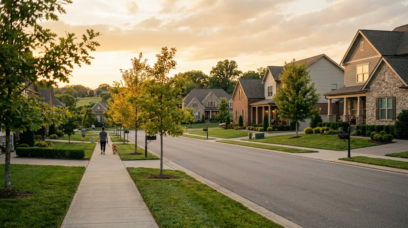 Newer Lexington suburban neighborhood at evening