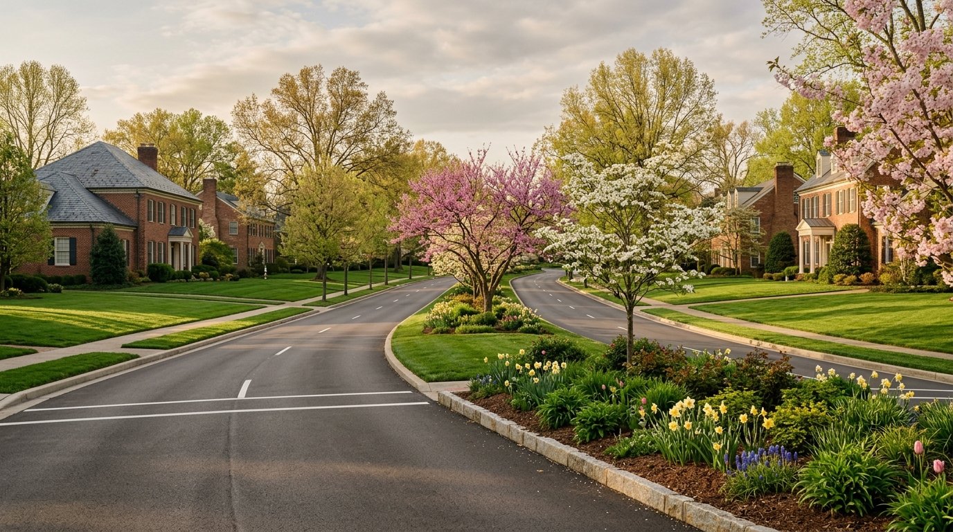 Landscaped boulevard median with flowering trees leading into Hartland, south Lexington