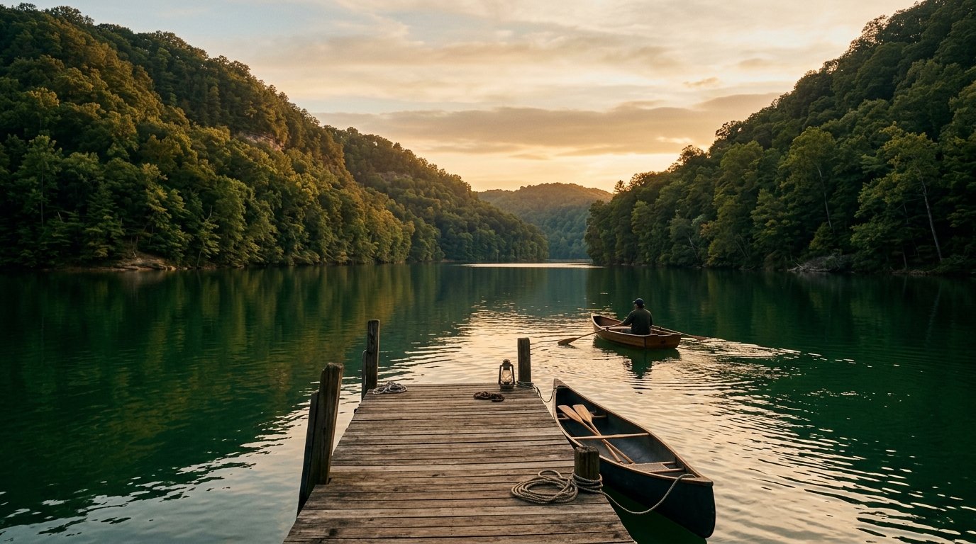 Herrington Lake Kentucky shoreline with dock at evening
