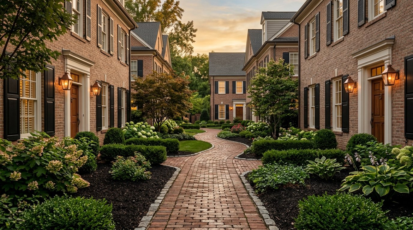 Brick townhome courtyard with shared walkway in Kentucky at dusk