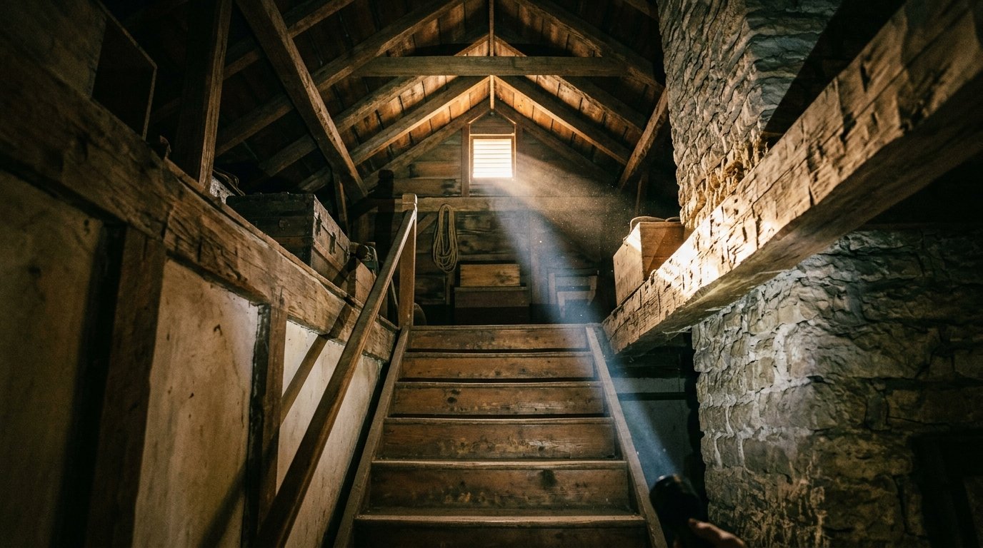 Flashlight beam across old rafters in a Kentucky farmhouse attic