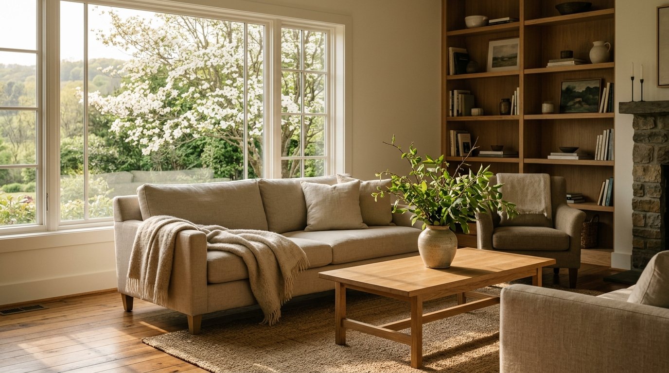 Neutral staged living room with sunlight and a blooming dogwood outside