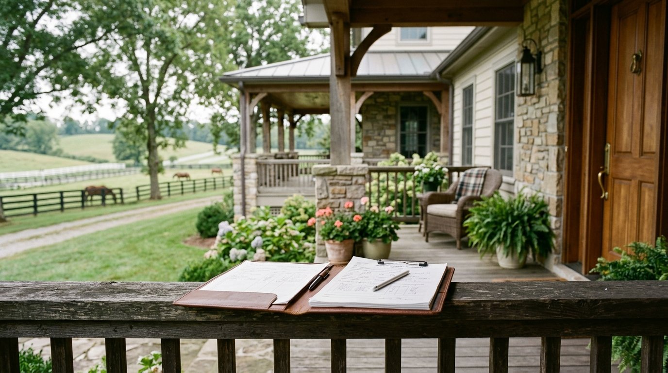 Kentucky home exterior with appraisal clipboard on porch rail