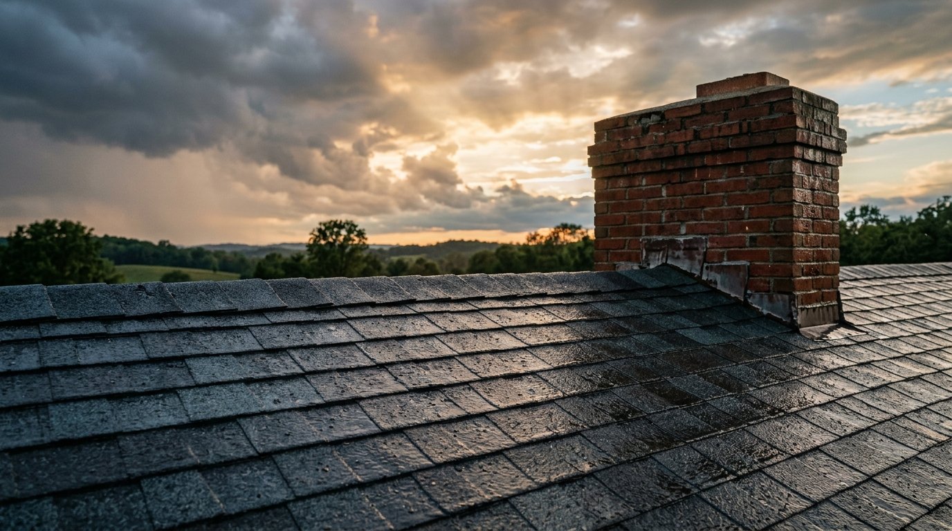 Rain-washed shingle roof and brick chimney under clearing Kentucky skies