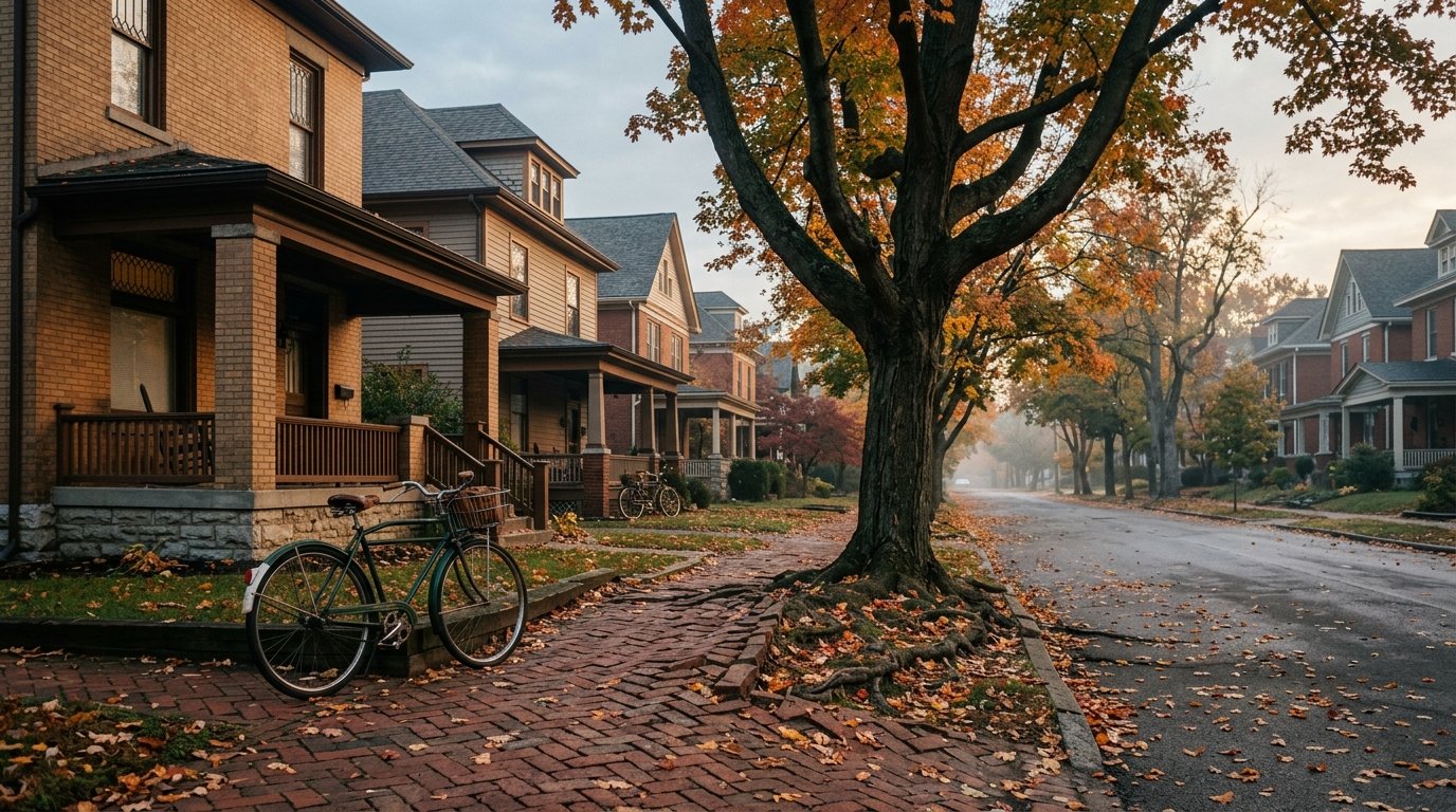 Historic campus-edge street with porches and brick sidewalks at dawn