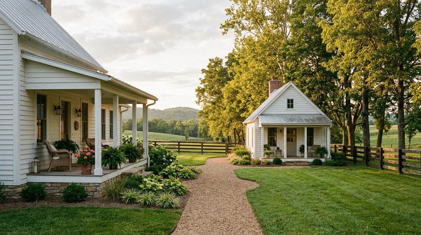Small guest cottage behind a Kentucky farmhouse connected by a gravel path